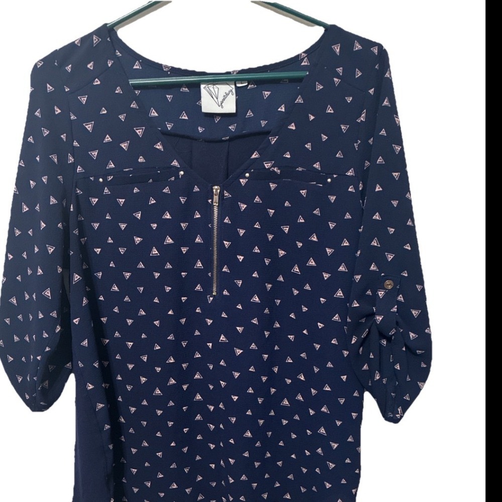 JewelSky Navy Blue Triangle Print Half Zip Roll Tab Sleeve Blouse Womens Medium